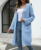 Pocketed Button Up Long Sleeve Hooded Cardigan