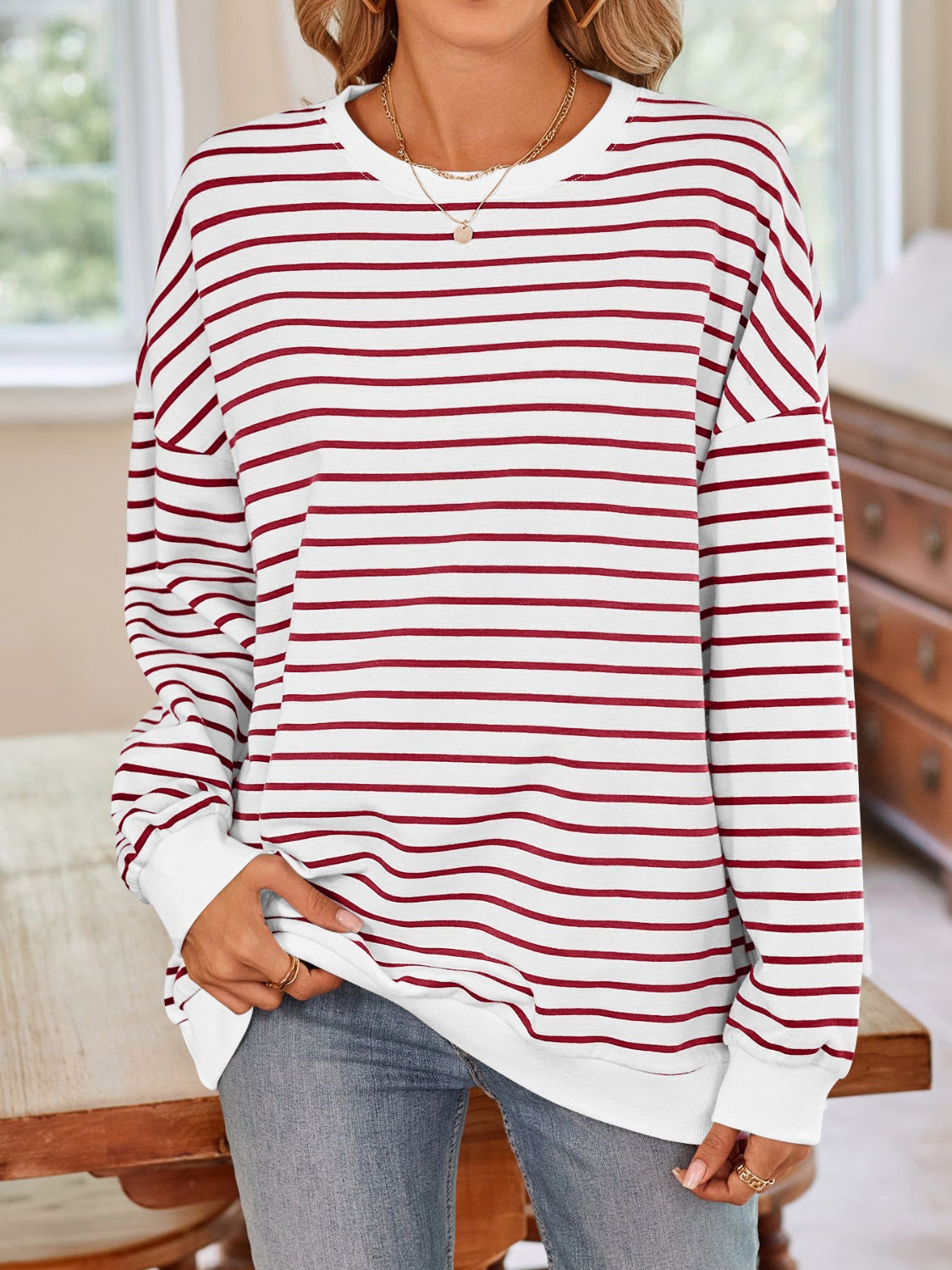 Lovelet Striped Round Neck Long Sleeve Sweatshirt - Body By J'ne