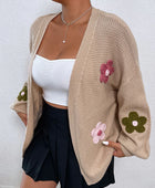 Floral Applique Drop Shoulder Open Front Cardigan