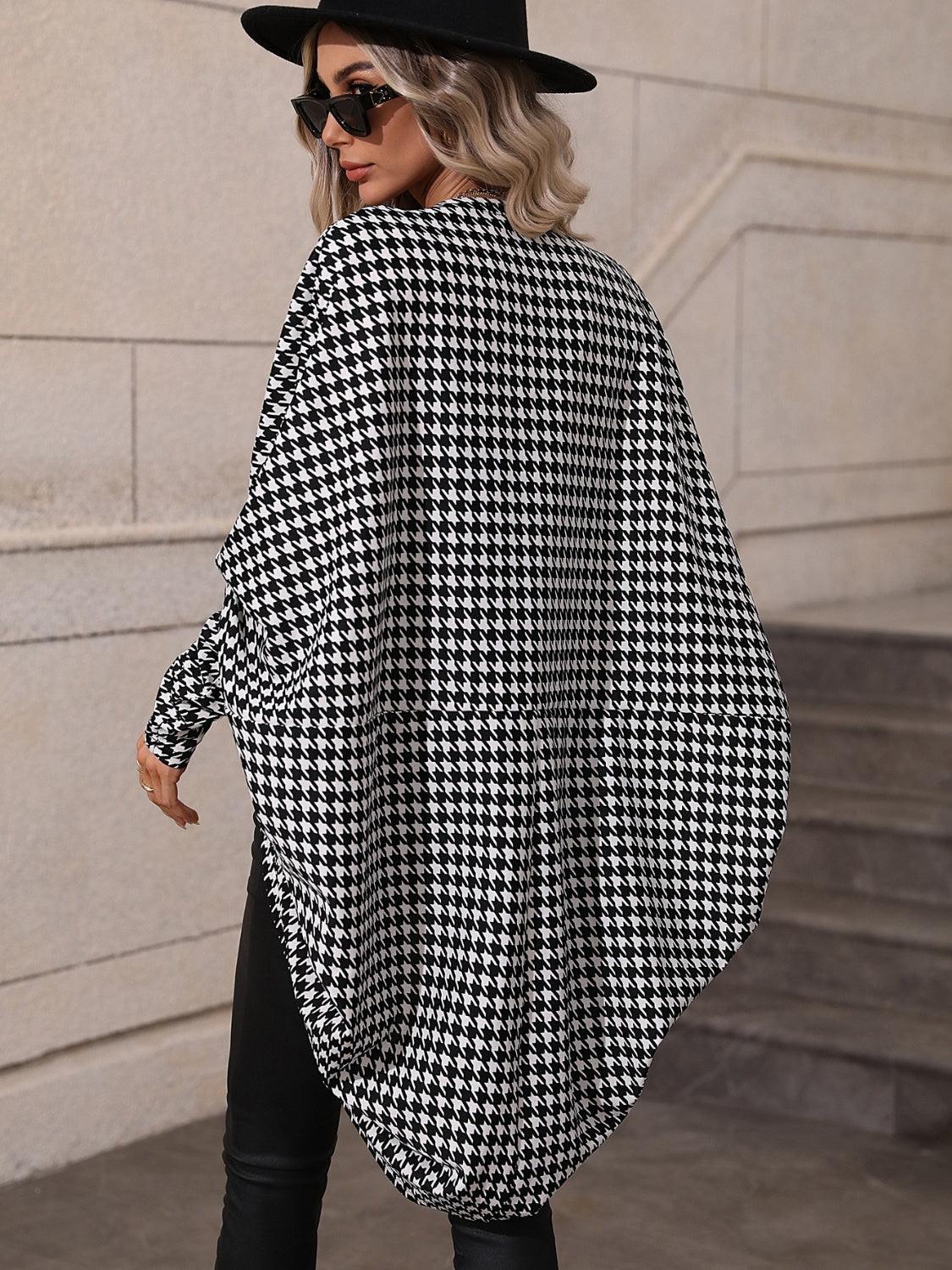 Houndstooth Open Front Batwing Sleeve Cardigan - Body By J'ne