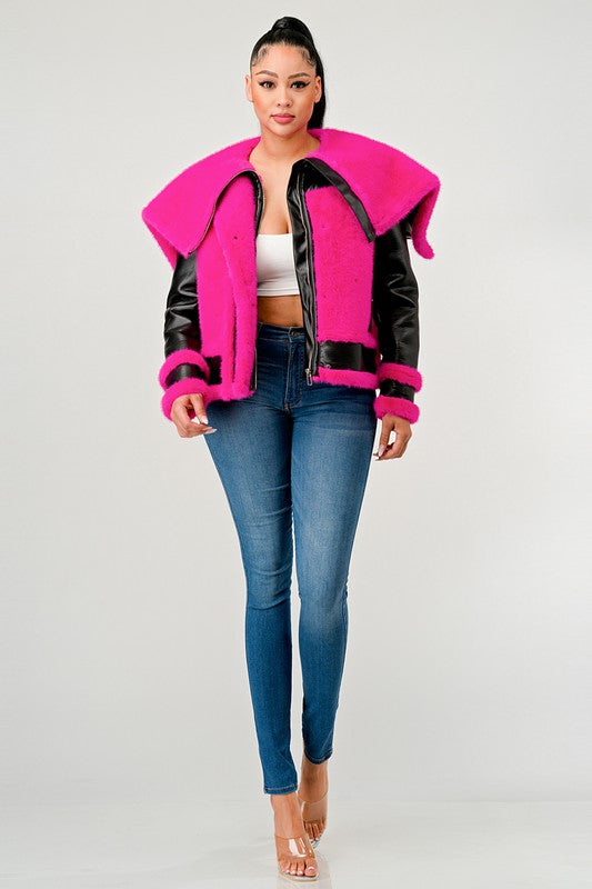 Pink Faux Fur Aviator Jacket