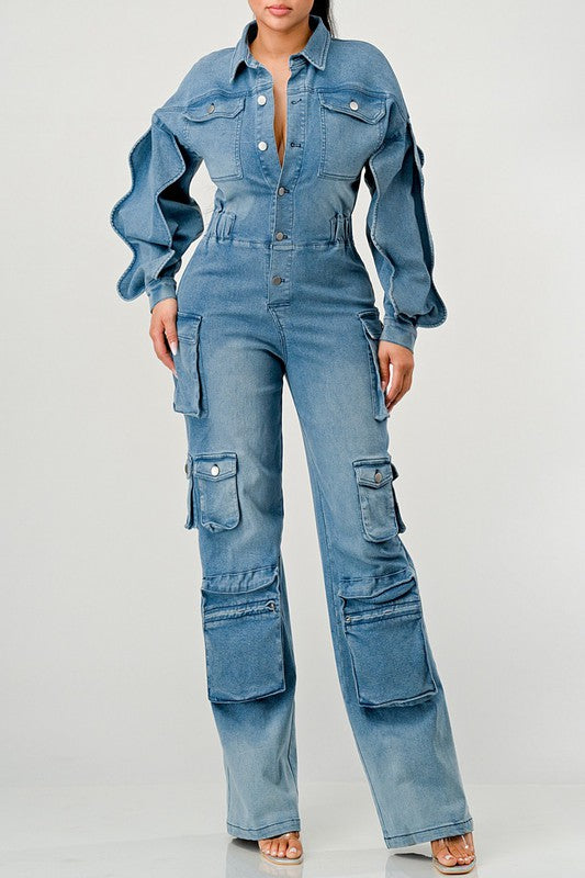 DENIM CARGO RUFFLE SLEEVE JUMPSUIT