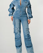 DENIM CARGO RUFFLE SLEEVE JUMPSUIT