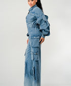 DENIM CARGO RUFFLE SLEEVE JUMPSUIT