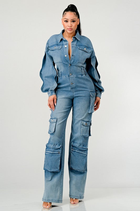 DENIM CARGO RUFFLE SLEEVE JUMPSUIT