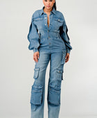 DENIM CARGO RUFFLE SLEEVE JUMPSUIT