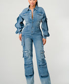 DENIM CARGO RUFFLE SLEEVE JUMPSUIT