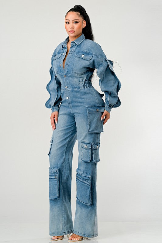 DENIM CARGO RUFFLE SLEEVE JUMPSUIT