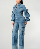 DENIM CARGO RUFFLE SLEEVE JUMPSUIT