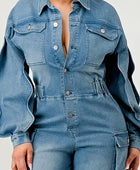 DENIM CARGO RUFFLE SLEEVE JUMPSUIT