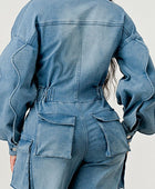 DENIM CARGO RUFFLE SLEEVE JUMPSUIT