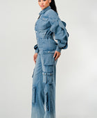 DENIM CARGO RUFFLE SLEEVE JUMPSUIT