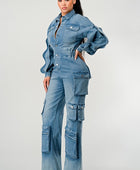 DENIM CARGO RUFFLE SLEEVE JUMPSUIT