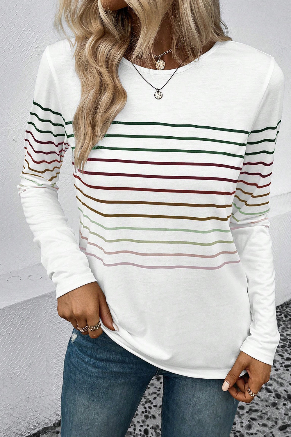 Striped Round Neck Long Sleeve T-Shirt - Body By J'ne