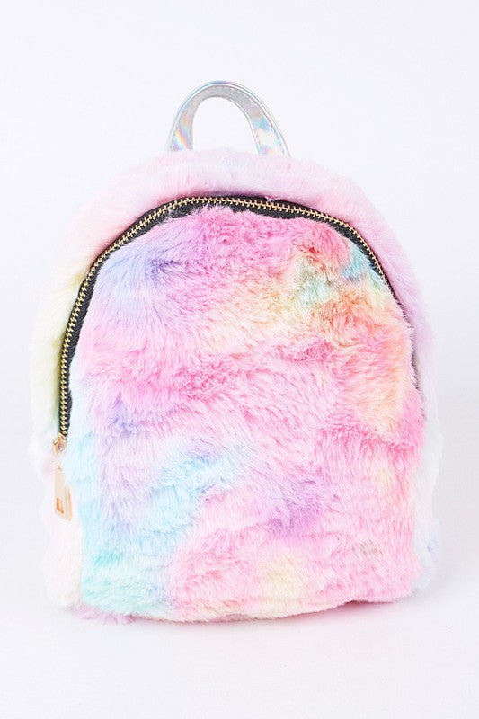 Mochila pequeña de peluche con efecto tie-dye y arcoíris