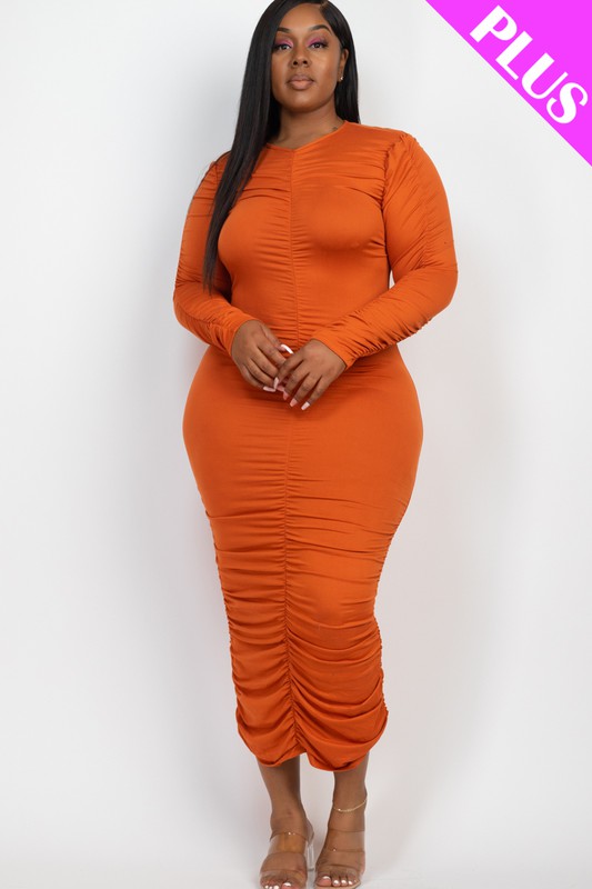 Curvy Plus Size Ruched Long Sleeve Midi Dress - Body By J'ne