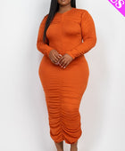 Curvy Plus Size Ruched Long Sleeve Midi Dress