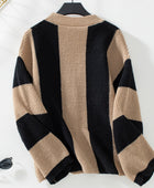 Waffle-Knit V-Neck Striped Long Sleeve Cardigan