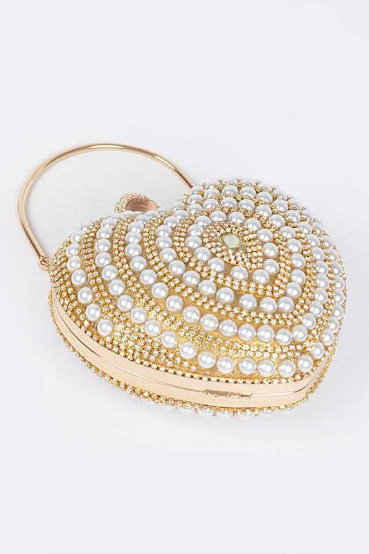 Pearl Studded Heart Shape Top handle Clutch - Body By J'ne