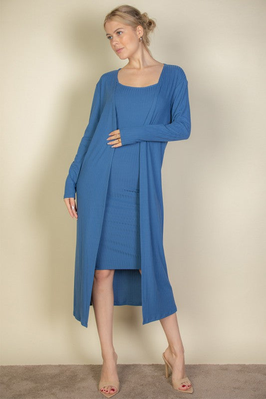 Ribbed Cardigan & Cami Midi Bodycon Dress - Body By J'ne