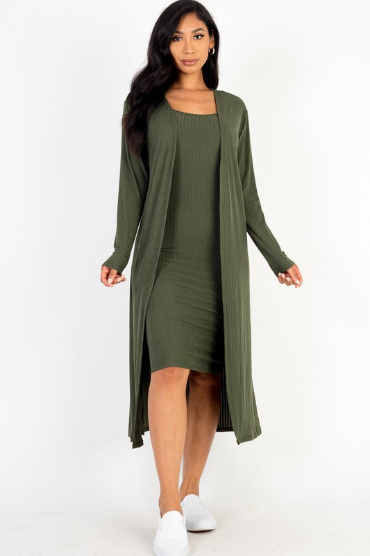 Ribbed Cardigan & Cami Midi Bodycon Dress - Body By J'ne