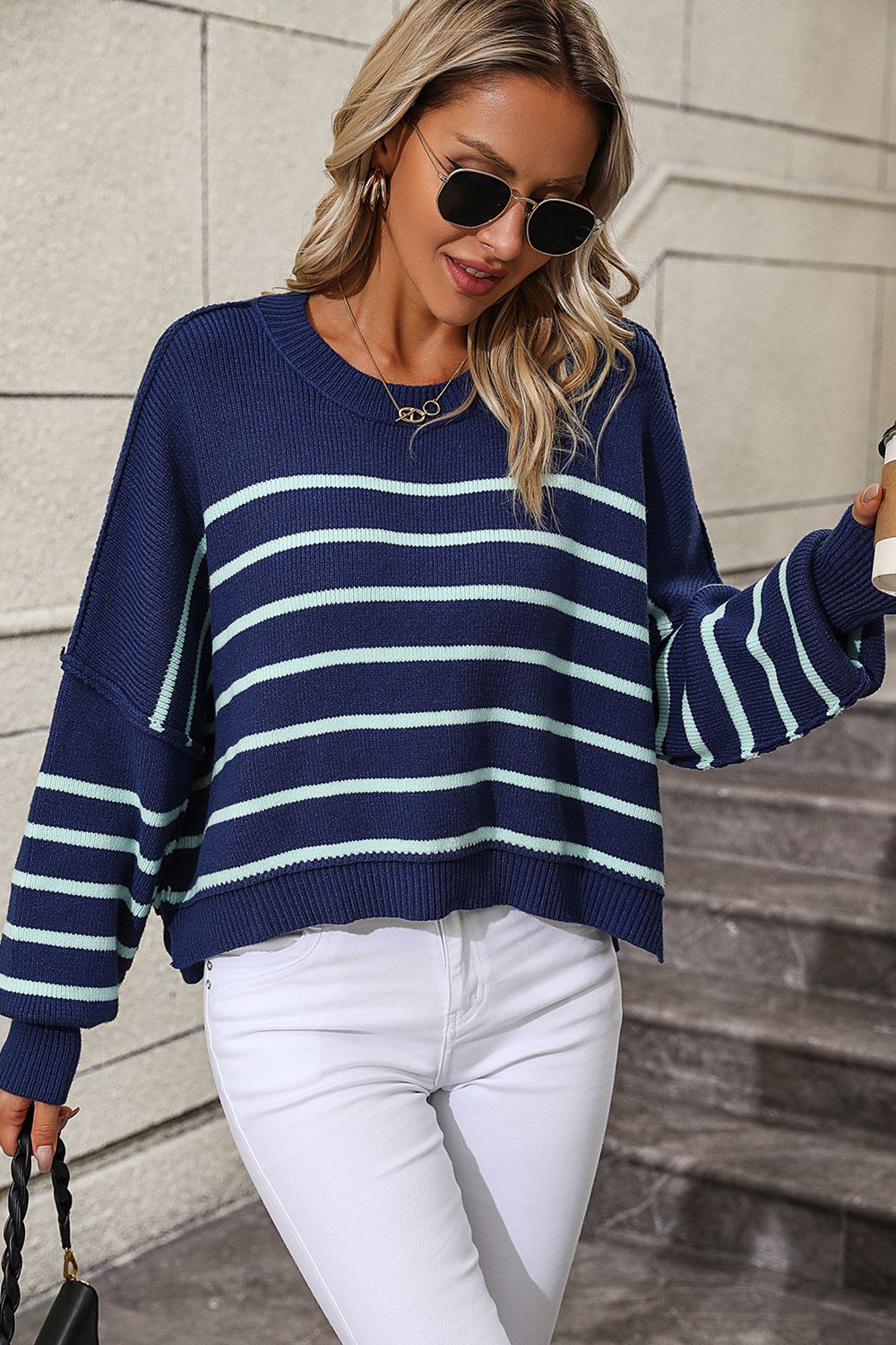 Striped Dropped Shoulder Round Neck Pullover Sweater - Body By J'ne