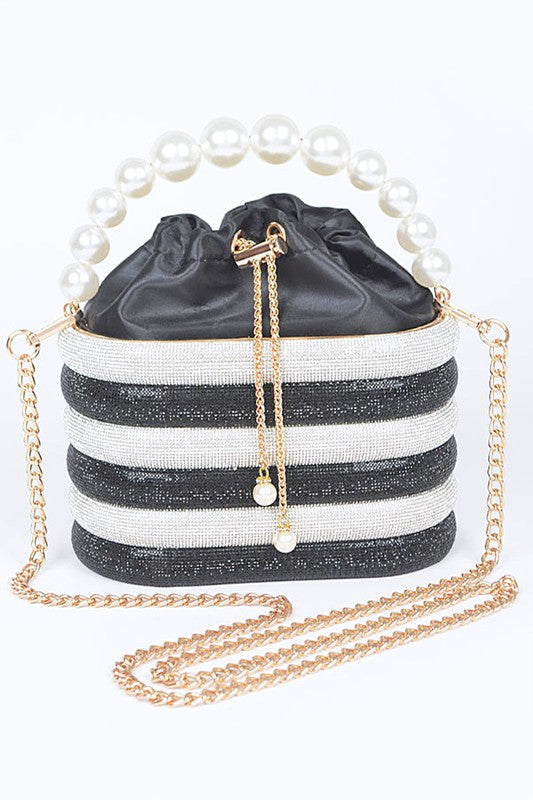 Pearl Handle Rhinestone Statement Bucket Clutch