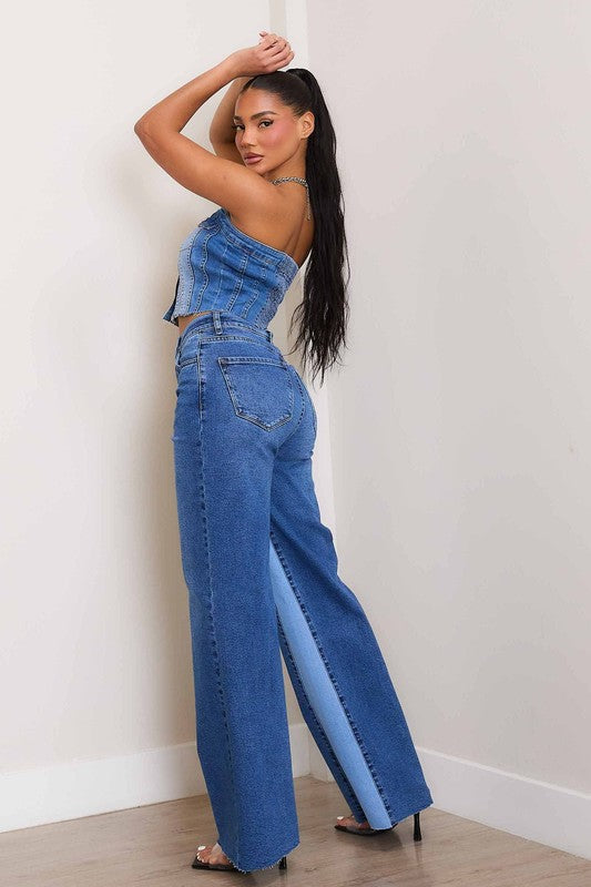 High-Rise Color Block Wide Jeans