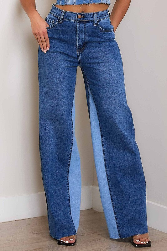 Jeans anchos con bloques de color y tiro alto