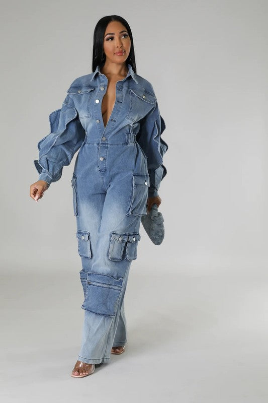 DENIM CARGO RUFFLE SLEEVE JUMPSUIT