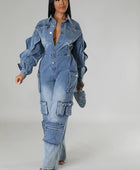 DENIM CARGO RUFFLE SLEEVE JUMPSUIT