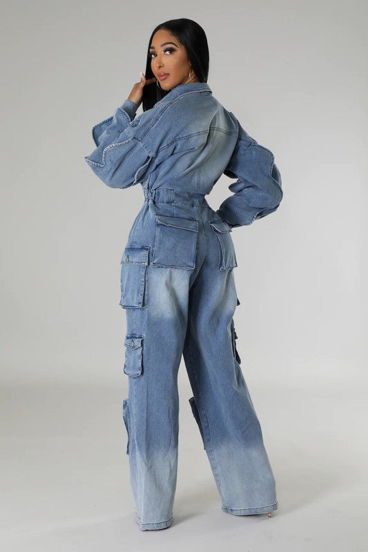 DENIM CARGO RUFFLE SLEEVE JUMPSUIT