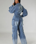 DENIM CARGO RUFFLE SLEEVE JUMPSUIT