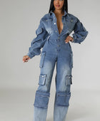 DENIM CARGO RUFFLE SLEEVE JUMPSUIT