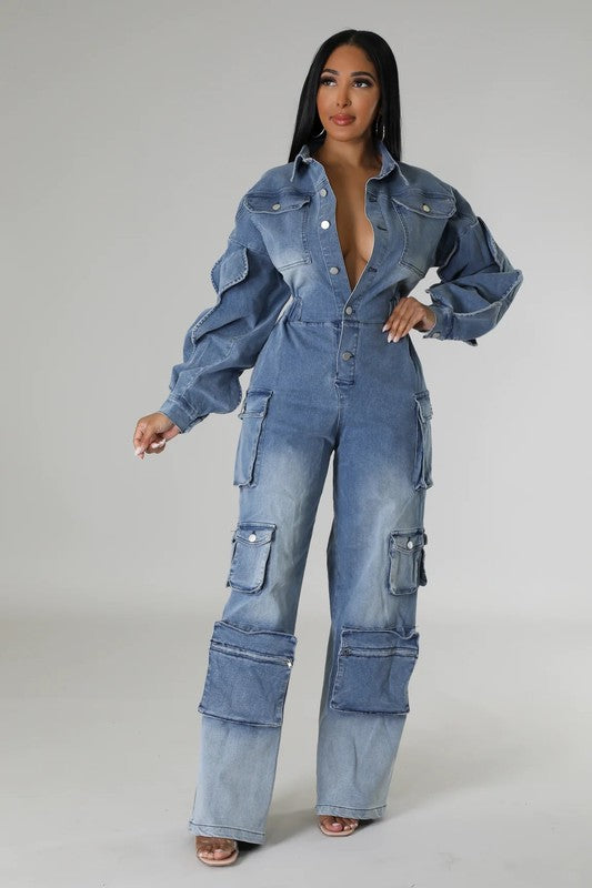 DENIM CARGO RUFFLE SLEEVE JUMPSUIT