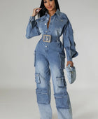 DENIM CARGO RUFFLE SLEEVE JUMPSUIT