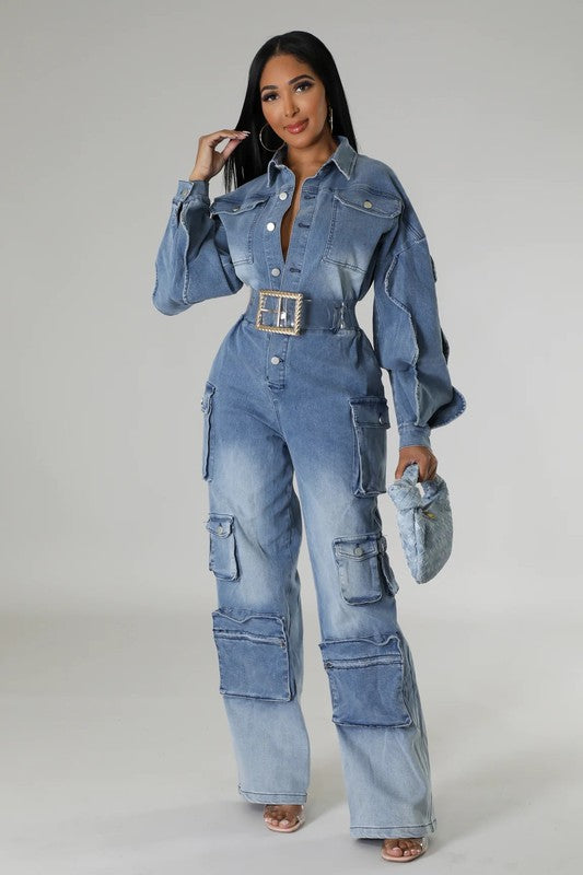 DENIM CARGO RUFFLE SLEEVE JUMPSUIT