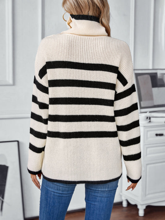 Buttoned Striped Long Sleeve Sweater - Body By J'ne