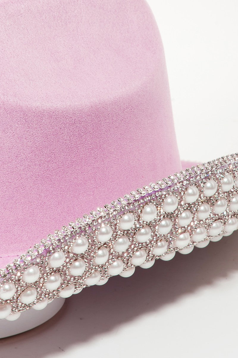 Pave Rhinestone Pearl Trim Cowboy Hat - Body By J'ne