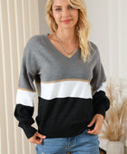 Color Block V Neck Long Sleeve Sweater