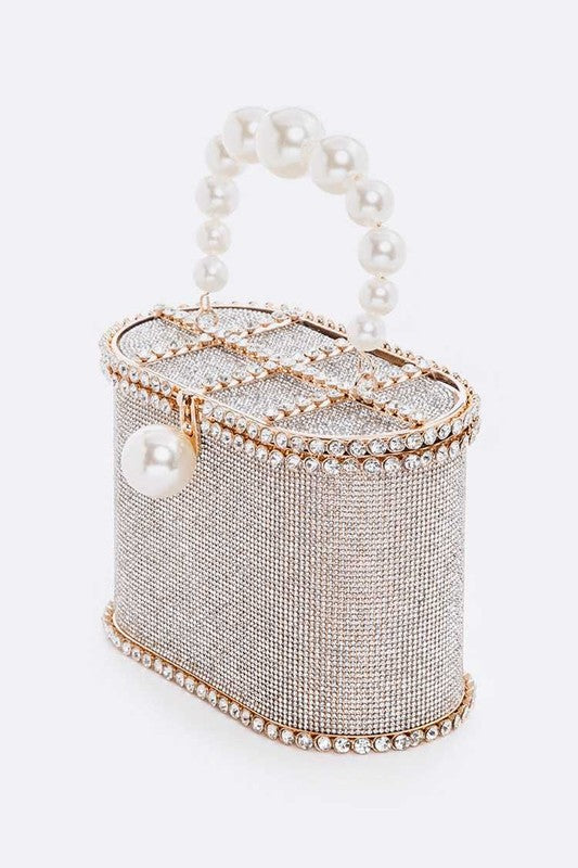 Bolso de mano icónico con forma de caja y diamantes de imitación y asa de perla