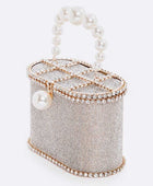 Bolso de mano icónico con forma de caja y diamantes de imitación y asa de perla