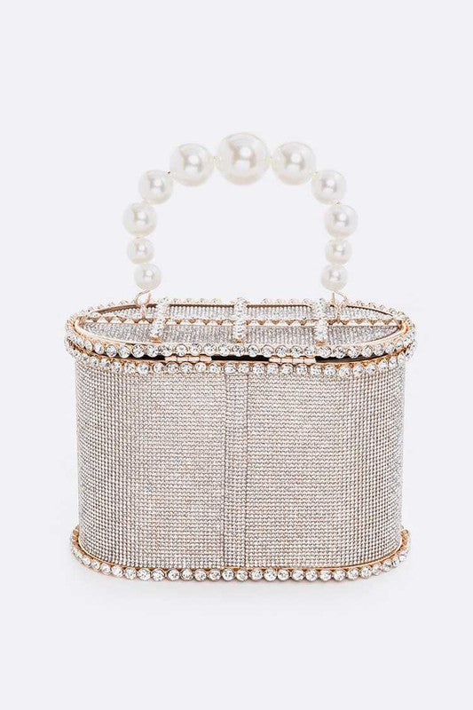 Bolso de mano icónico con forma de caja y diamantes de imitación y asa de perla