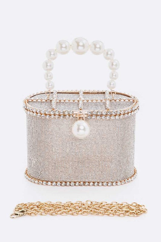 Bolso de mano icónico con forma de caja y diamantes de imitación y asa de perla