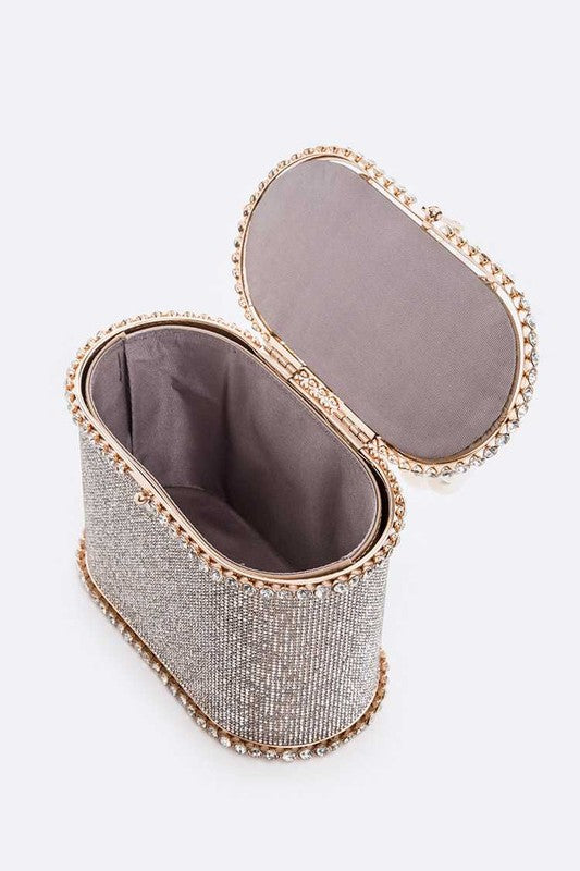 Bolso de mano icónico con forma de caja y diamantes de imitación y asa de perla