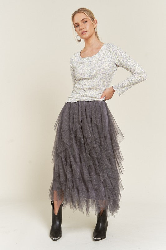 PLUS LAYER POLKA DOT MESH LINED A-LINE MIDI SKIRT - Body By J'ne