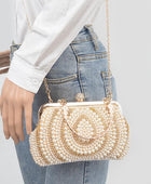 Pearl Rhinestone Beaded Top Handle Clutch Bag