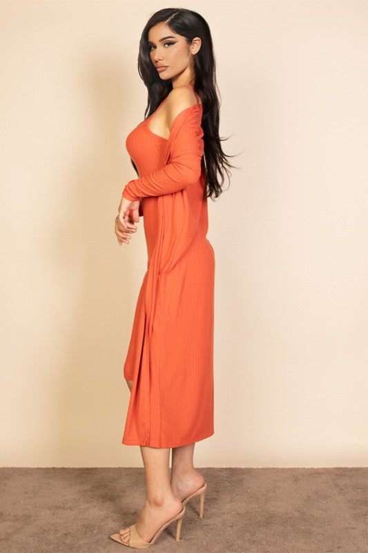 Ribbed Cardigan & Cami Midi Bodycon Dress - Body By J'ne