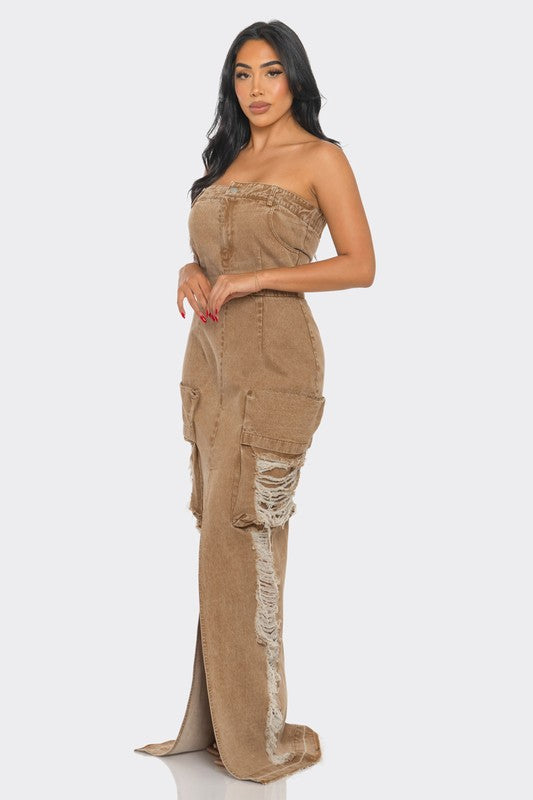 Vintage Washed Distressed Cargo Maxi Dress - Body By J'ne
