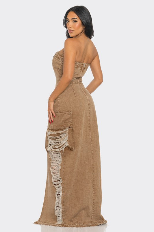 Vintage Washed Distressed Cargo Maxi Dress - Body By J'ne